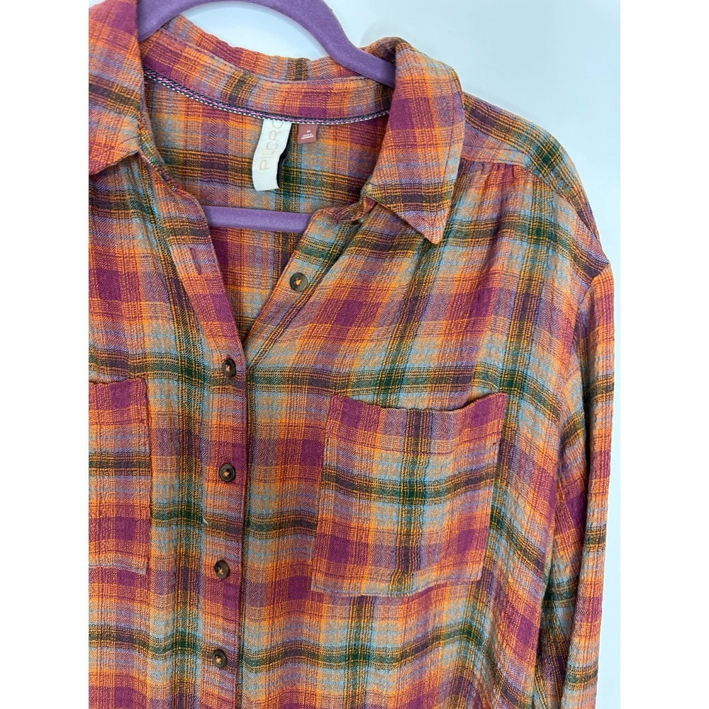 Pilcro Plaid Button Down Shirt Medium Long Sleeve Pockets Orange Purple Anthro - Picture 5 of 13